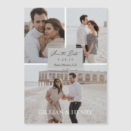 Invitation Magnétique Modern Script 3 Photo Collage Enregistrer la date (Devant)