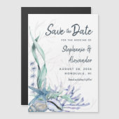 Invitation Magnétique Moderne Beach Mariage Aquarelle Bleu Enregistrer l (Devant / Derrière)