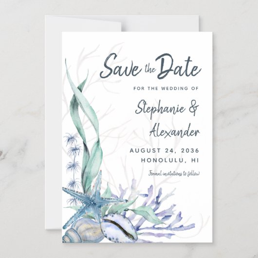 Invitation Magnétique Moderne Beach Mariage Aquarelle Bleu Enregistrer l (Recto)