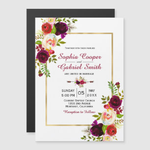 Invitation Magnétique Moderne Chich Bourgogne Floral Gold Frame Mariage
