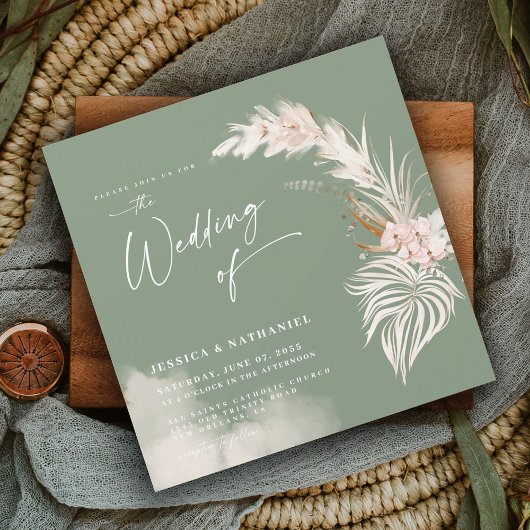 Invitation Magnétique Moderne Pampas Grass Sage Vert Boho Floral