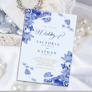 Invitation Magnétique Moderne Rétro Bleu clair Chinoiserie Floral Mariag