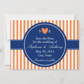 Invitation Magnétique Monogramme orange et rayures blanches avec bleu ro (Recto)