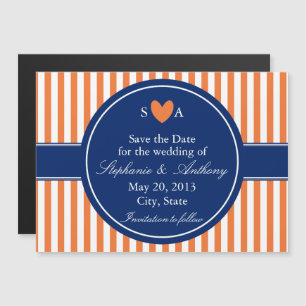 Invitation Magnétique Monogramme rayures orange et blanc avec bleu royal