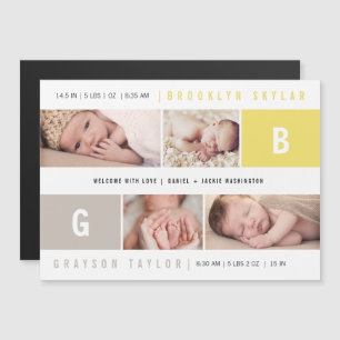 Invitation Magnétique Monogrammes de Bébé Jumeaux 4 Annonce de Naissance