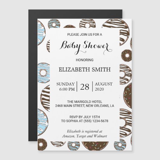 Invitation Magnétique Motif De Donuts, Donuts Bleus, Baby shower (Devant / Derrière)