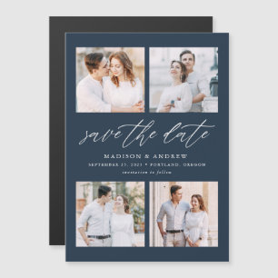 Invitation Magnétique Navy Elegant Script 4 Photo Collage Enregistrez La