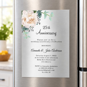 Invitation Magnétique Noces de greenery florale argent 25 ans de mariage