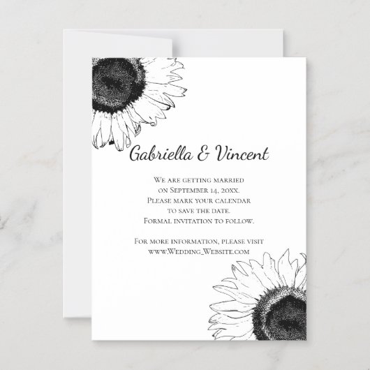 Invitation Magnétique Noir et Blanc Sunflower Mariage Enregistrer la dat (Recto)