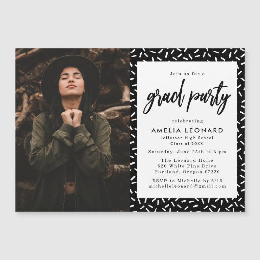 Invitation Magnétique Noir | Scripté Photo Graduation Party (Devant)