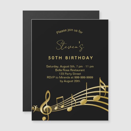 Invitation Magnétique Notes d'or noir (Devant / Derrière)