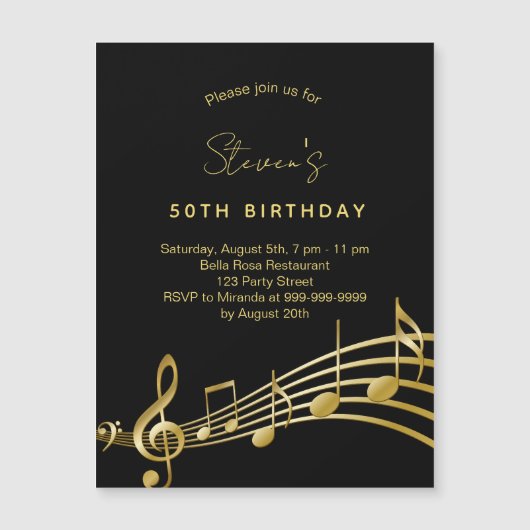 Invitation Magnétique Notes d'or noir (Devant)