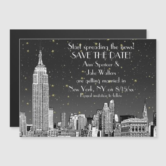 Invitation Magnétique NYC Skyline 01 Etched Black Starry Enregistrer la  (Devant / Derrière)