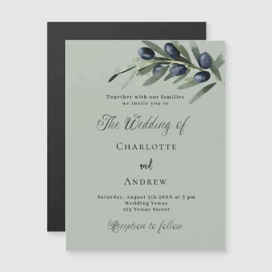 Invitation Magnétique Olivier feuille verdure simple script luxe mariage (Devant / Derrière)
