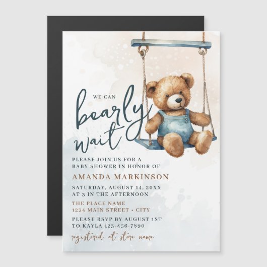 Invitation Magnétique On peut attendre Denim Teddy Bear Baby shower (Devant / Derrière)