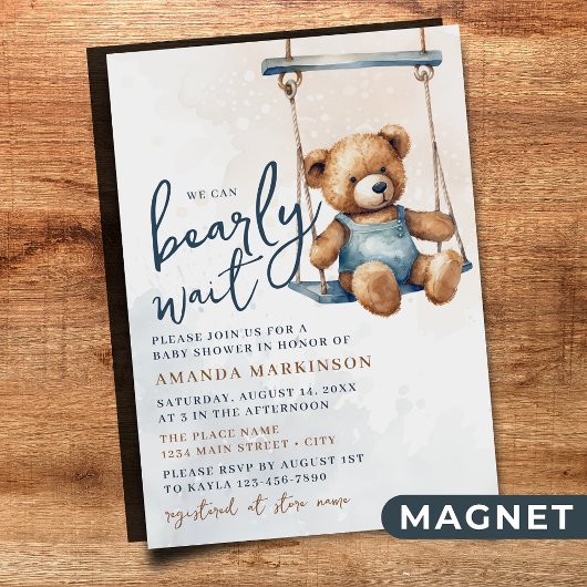 Invitation Magnétique On peut attendre Denim Teddy Bear Baby shower