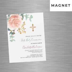 Invitation Magnétique or rose verdure luxe première communion sainte