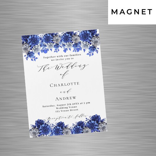 Invitation Magnétique Orthographe de luxe bleu royal fleurs blanches mar