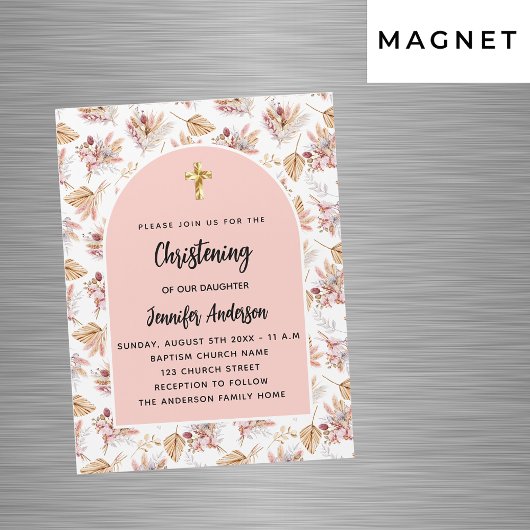 Invitation Magnétique Pampas de Christening fleurs rose or rose luxe