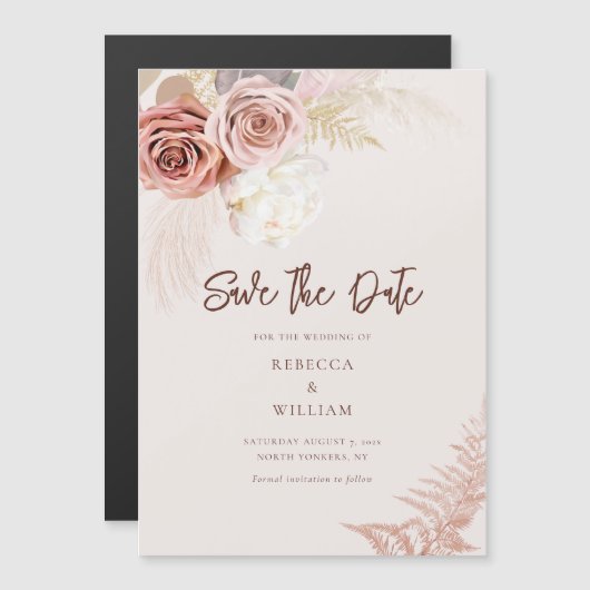Invitation Magnétique Pampas Grass Floral Script Mariage Enregistrer La  (Devant / Derrière)