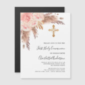 Invitation Magnétique Pampas herbe rose rose luxe première communion (Devant / Derrière)