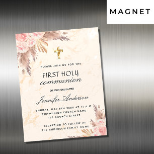 Invitation Magnétique Pampas herbe rose rougir première communion sainte