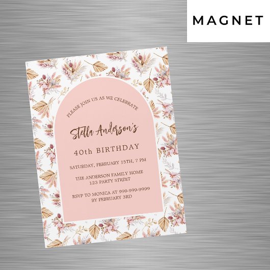 Invitation Magnétique Pampas herbes fleurs rose or luxe anniversaire