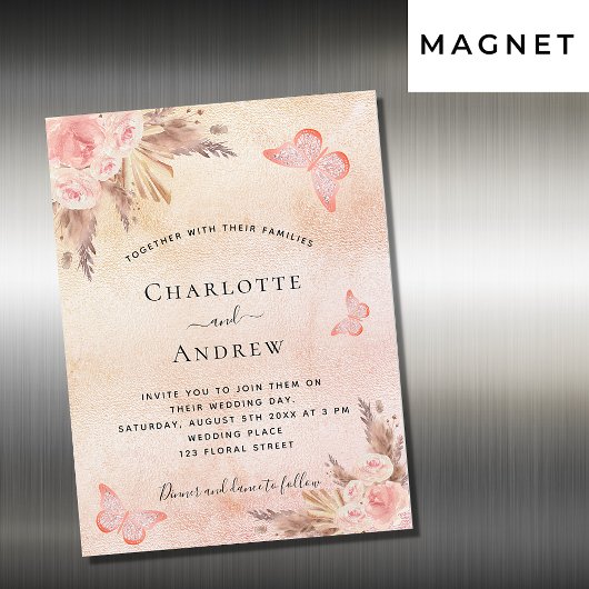 Invitation Magnétique Pampas mariage herbe rose or papillon luxe papillo