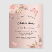 Invitation Magnétique Pampas papillon d'anniversaire rose or fleuri luxe (Devant)