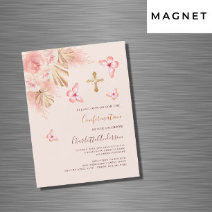 Invitation Magnétique Pampas papillon rose pêche luxe Confirmation
