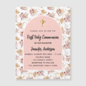 Invitation Magnétique Pampas première communion fleurs rose or luxe (Devant)