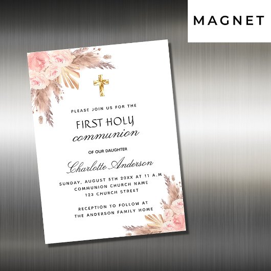 Invitation Magnétique Pampas rose rougir première communion sainte luxe