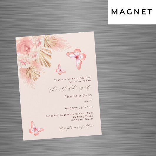 Invitation Magnétique Papillons pampas herbe rose or luxe mariage