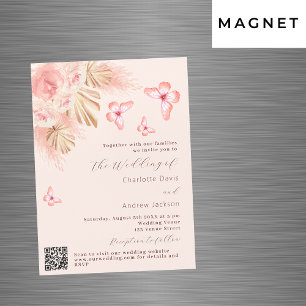 Invitation Magnétique Papillons pampas herbe rose QR RSVP mariage de lux