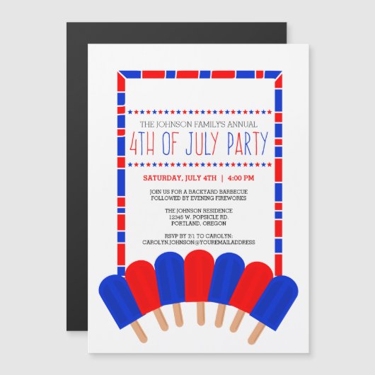 Invitation Magnétique Parti Patriotique Popsicles 4 juillet (Devant / Derrière)