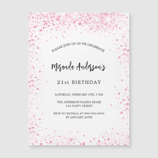 Invitation Magnétique Parties scintillant rose blanc d'anniversaire scin (Devant)