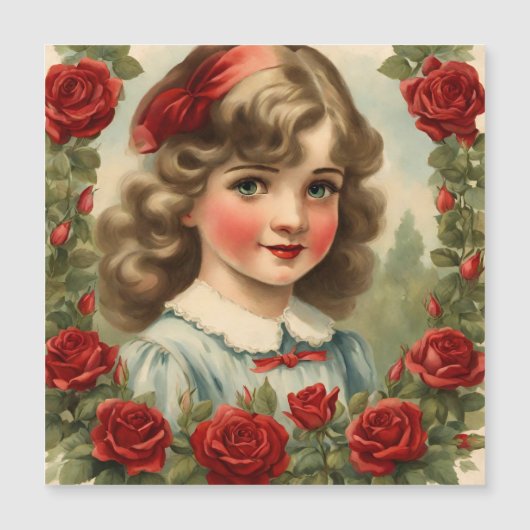Invitation Magnétique Petite fille vintage avec des roses (Devant)