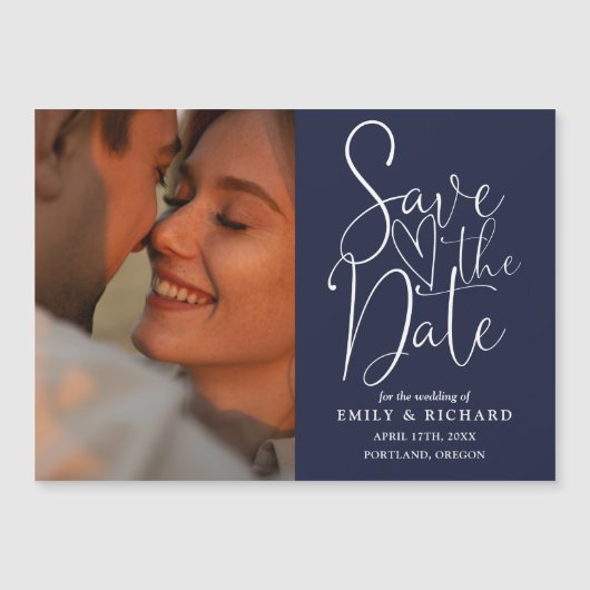 Invitation Magnétique Photo Bleue Marine Mariage Élégant Enregistrer La (Devant)
