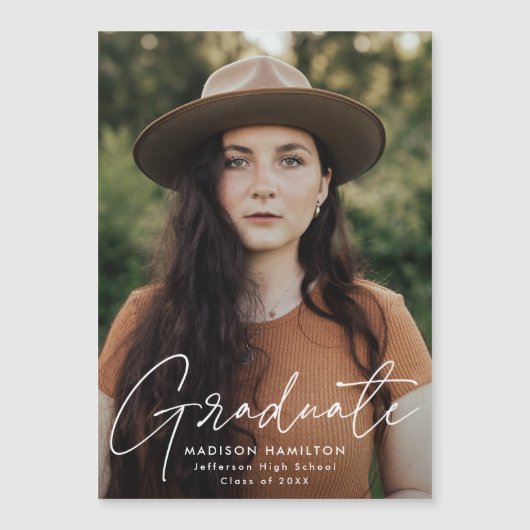 Invitation Magnétique Photo de script blanc moderne (Devant)