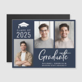 Invitation Magnétique Photo moderne Gras Script Bleu Graduation (Devant / Derrière)