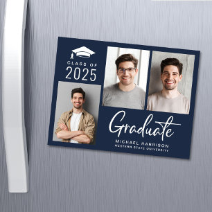 Invitation Magnétique Photo moderne Gras Script Bleu Graduation