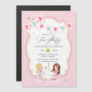Invitation Magnétique Pink and Gold Girl 1st Birthday Tea Party