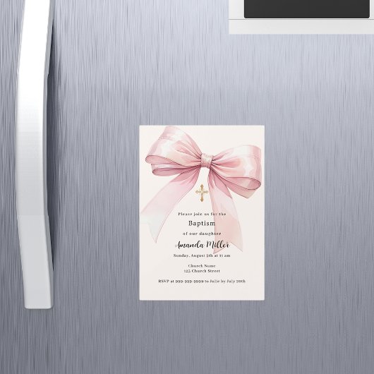 Invitation Magnétique Pink bow crème fille Baptême