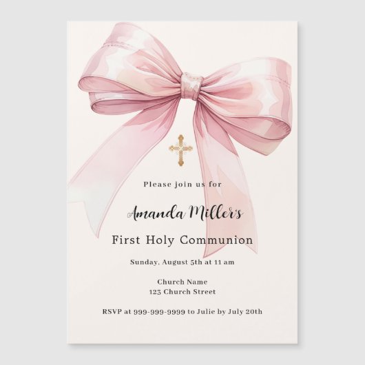 Invitation Magnétique Pink bow crème fille Première communion (Devant)