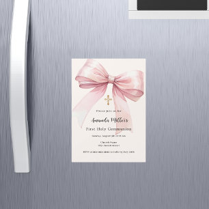 Invitation Magnétique Pink bow crème fille Première communion