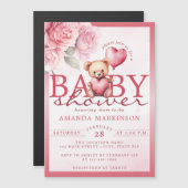 Invitation Magnétique Pink Watercolor Valentine Teddy Bear Baby Shower (Devant / Derrière)