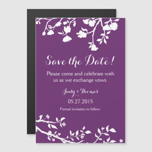 Invitation Magnétique Plum Purple Fleur Blanche Enregistrer L'Aimant Dat (Devant / Derrière)