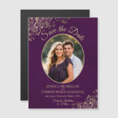 Invitation Magnétique Plum Purple & Gold Wedding Save Date Oval Photo (Devant / Derrière)