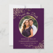 Invitation Magnétique Plum Purple & Gold Wedding Save Date Oval Photo (Recto)