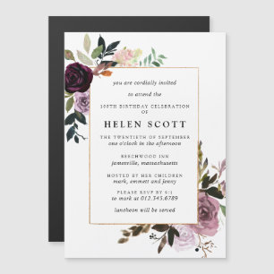 Invitation Magnétique Plum violet mauve rose floral 100e anniversaire